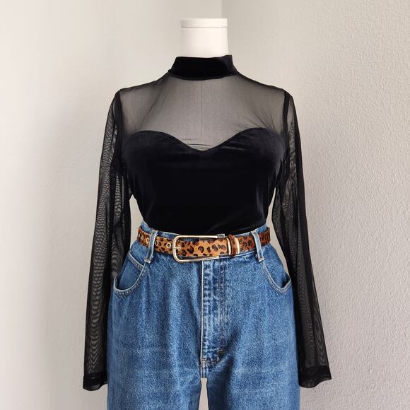 American Vintage Tops - Vintage 90s MSK Black Sheer Mesh Velvet Long Sleeve Mock Neck Blouse M